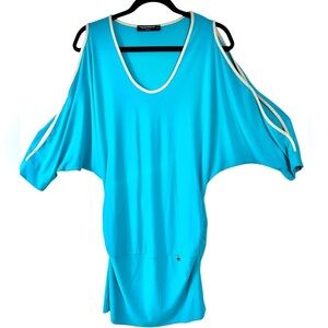 Rinascimento tunic top, L, metallic cream trim, waistband, Statement Shoulders